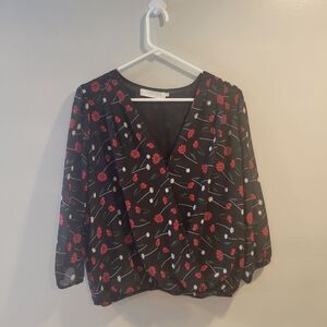 Astr The Label Black and Red Floral Blouse Top Long Sleeves Size Medium